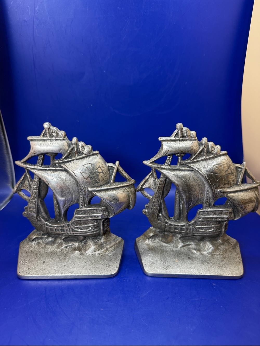 Pair of Spanish Main Galleon Sailing Ship Bookends. Cast Iron.